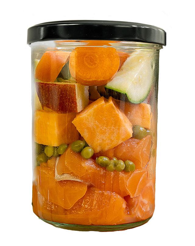 FIDELIS virta šviežia lašiša su saldžiosiomis bulvėmis, žirneliais ir cukinija, 400 g.