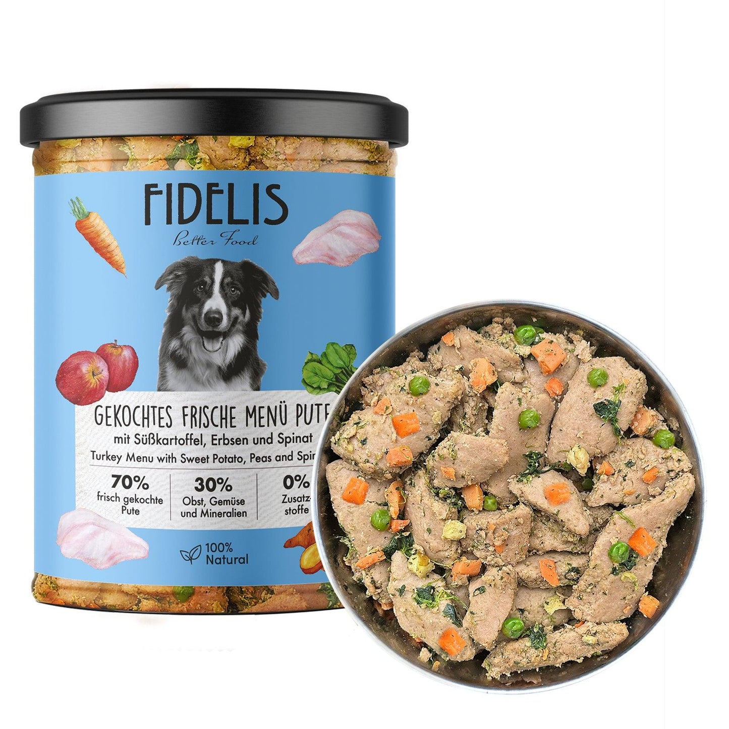FIDELIS virta šviežia kalakutiena su saldžiosiomis bulvėmis, žirneliais ir špinatais, 400 g.