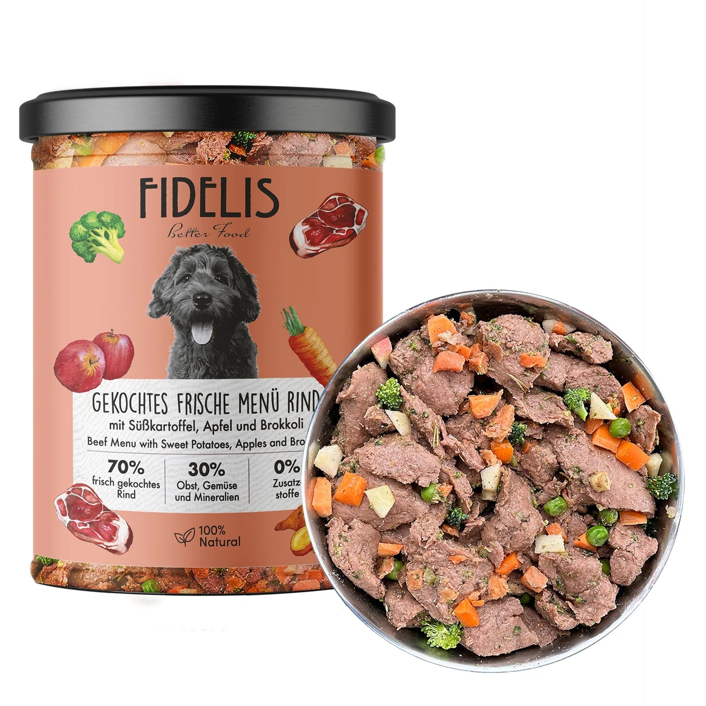 FIDELIS virta jautiena su saldžiomis bulvėmis, obuoliais ir brokoliais, 400 g.