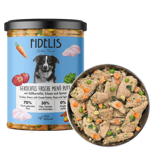 FIDELIS virta šviežia kalakutiena su saldžiosiomis bulvėmis, žirneliais ir špinatais, 400 g.